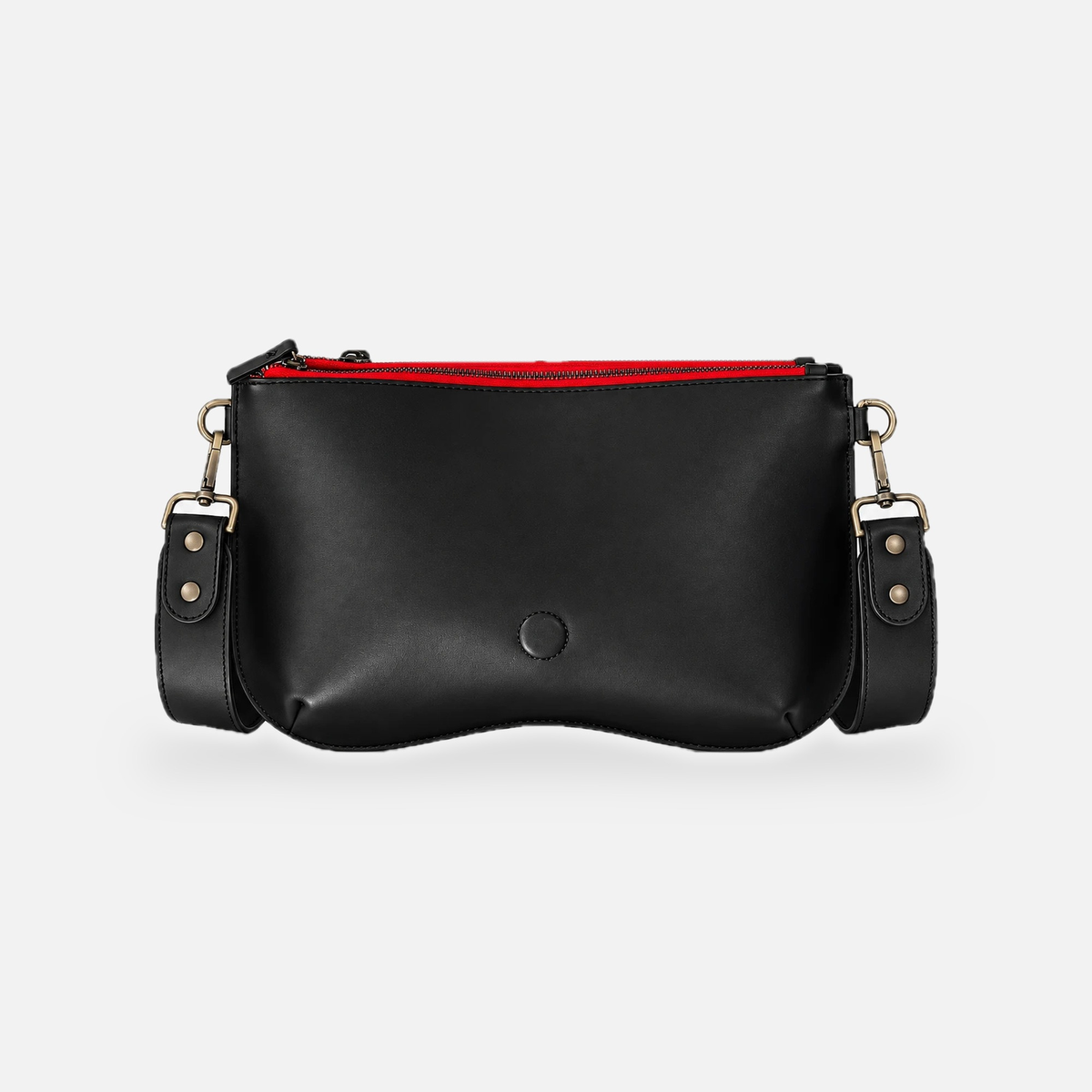 Base Baby Double cuir noir, vue de face, zip et doublure rouges