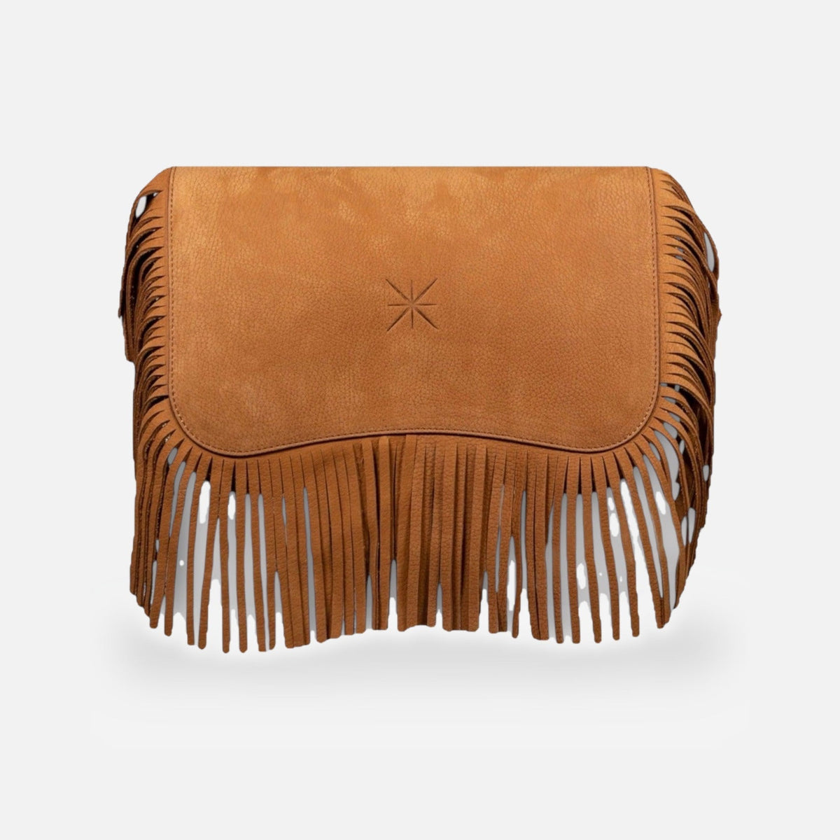 Sac Baby Double Heva camel en nubuck, rabat à franges, vue de face