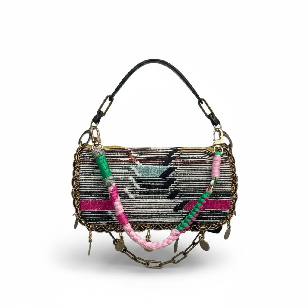 La Stella sac bandoulière tissé jacquard géométrique rose et vert avec chaîne décorative et franges