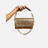 CEINTURE POCHETTE  GEMMA CUIR CAMEL - BANDOULIÈRE CHAINE OR