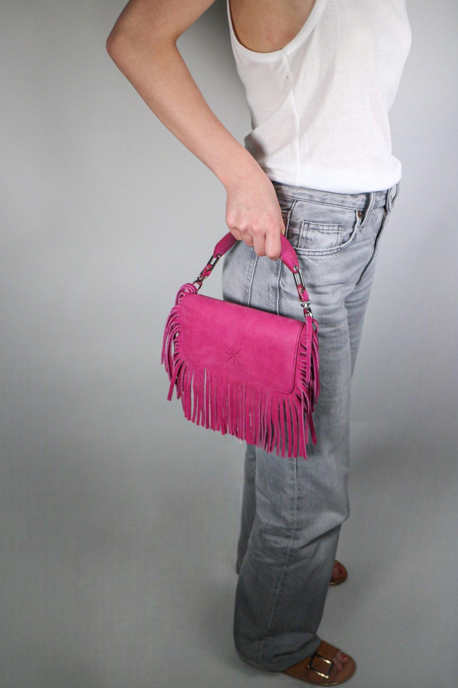 SAC POCHETTE NUBUCK ROSE BOUGAINVILLIER - BANDOULIÈRE CHAINE ARGENT