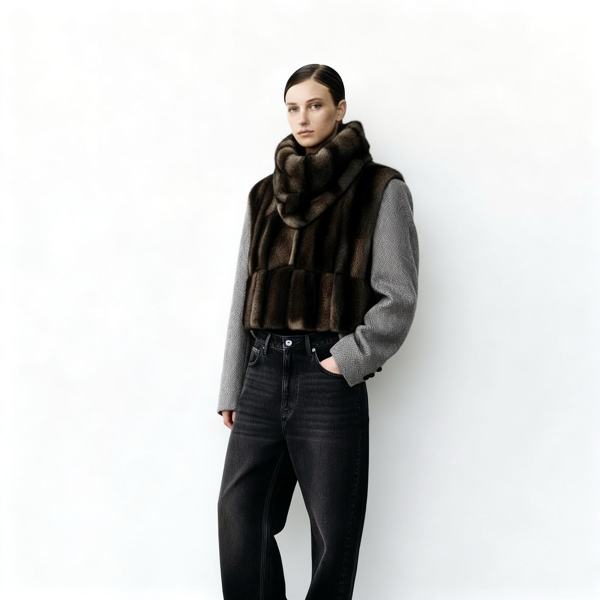 PLASTRON ECO-FOURRURE VISON GRIS/NOIR COURT