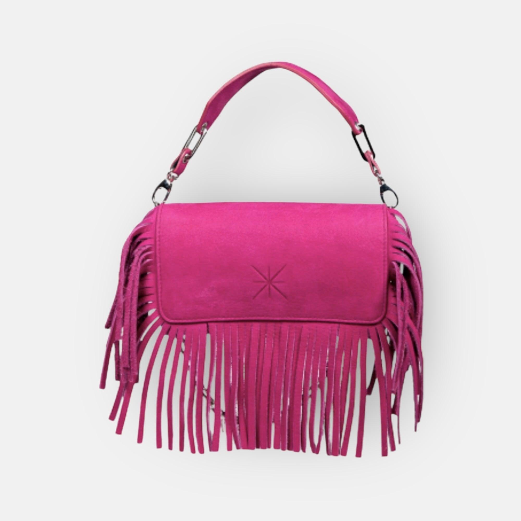 BOLSO DE MANO BOUGAINVILLIER DE NOBUCK ROSA - BANDOLERA CADENA PLATA